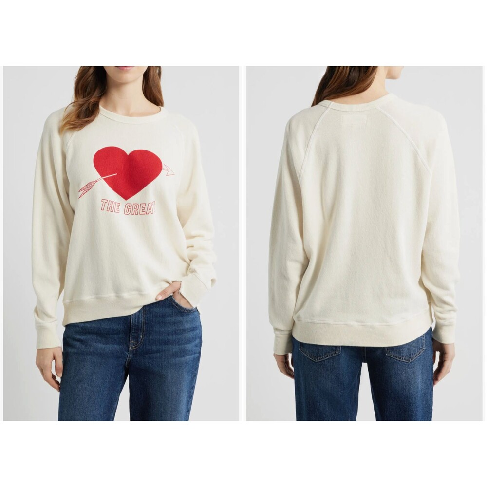 THE GREAT The College Heart Graphic Sweatshirt Cream Red Crewneck Raglan Size L